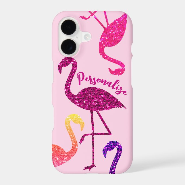 Flamingo pink glitter sparkles Personalise iPhone Case (Back)