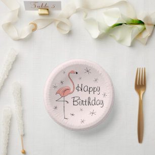Flamingo Pink Happy Birthday  Paper Plate