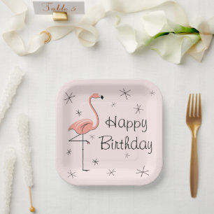 Flamingo Pink Happy Birthday square Paper Plate