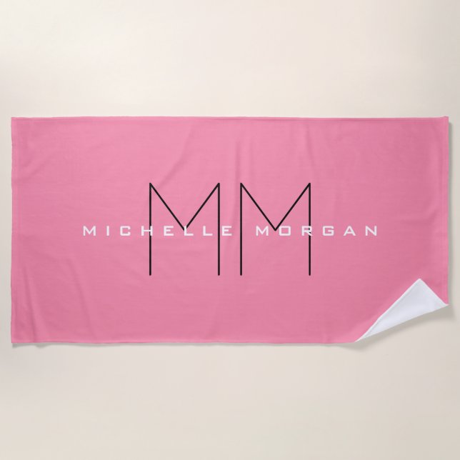 Flamingo Pink Monogram Minimalist Name Initials Beach Towel (Front)