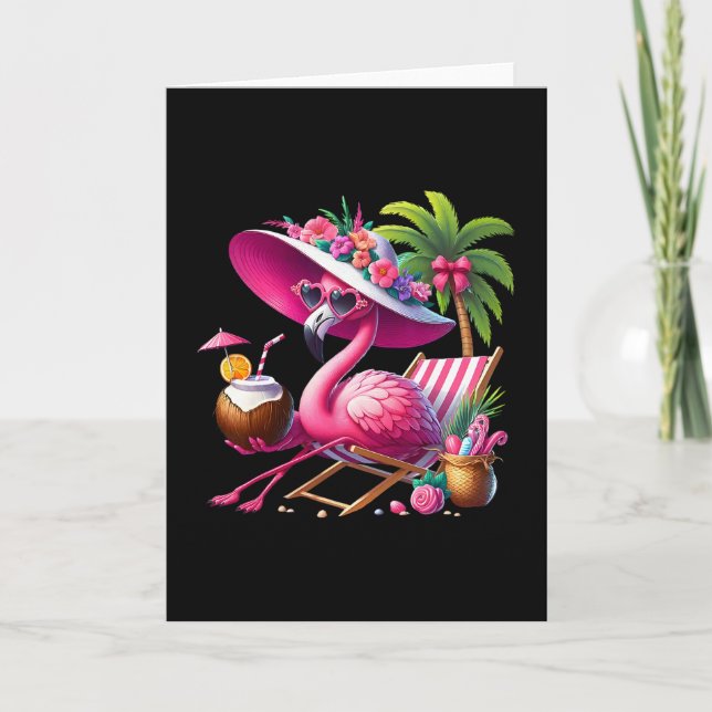 Flamingo Pink Palm Tree Tropical Beach Summer Vaca Card (Front)