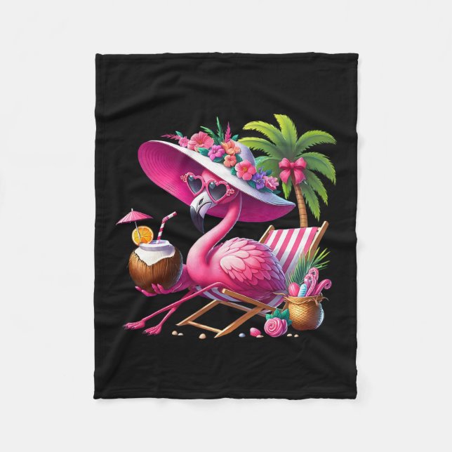 Flamingo Pink Palm Tree Tropical Beach Summer Vaca Fleece Blanket (Front)