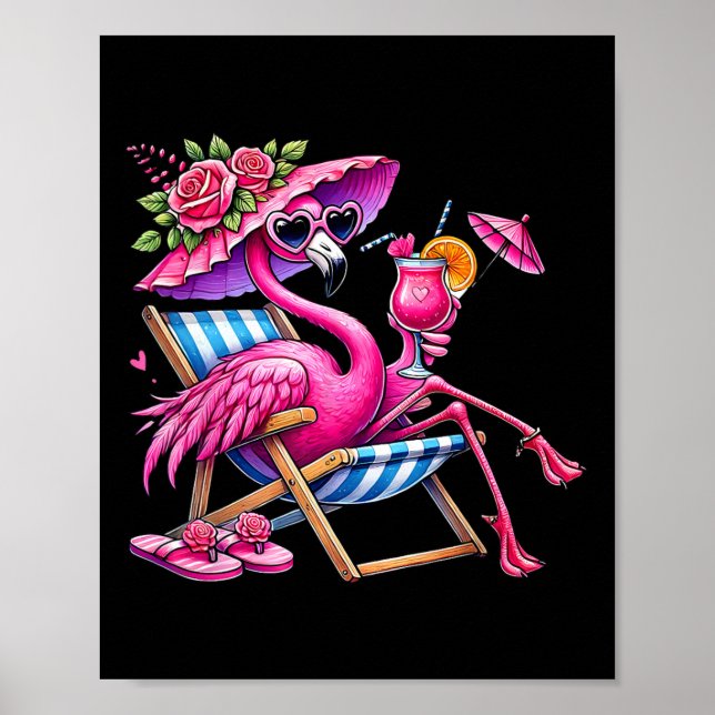 Flamingo Pink Palm Tree Tropical Beach Summer Vaca Poster (Front)