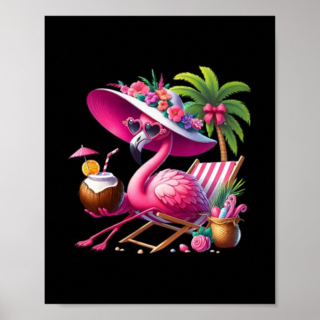 Flamingo Pink Palm Tree Tropical Beach Summer Vaca Poster (Front)