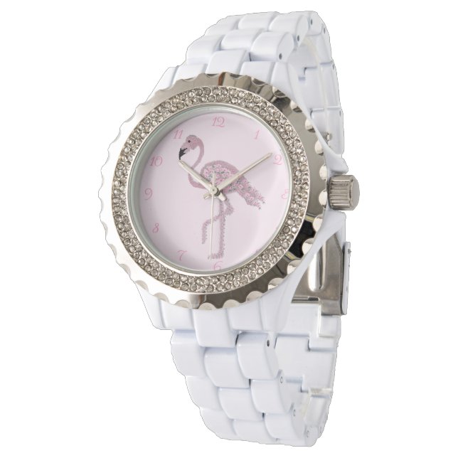 Flamingo Pink Roses Flamingos Clock Watch (Angled)