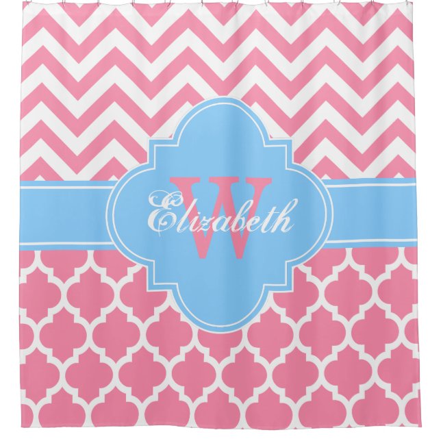Flamingo Pink Sky Blue Moroccan #5 Chevron 1IQRN Shower Curtain (Front)