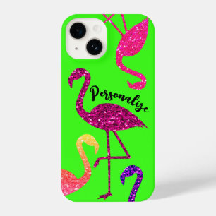 Flamingo pink sparkles Personalise neon green iPhone 14 Case