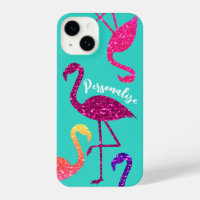 Flamingo pink sparkles Personalise turquoise