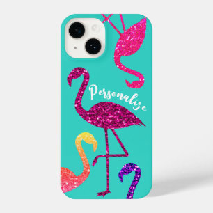 Flamingo pink sparkles Personalise turquoise iPhone 14 Case
