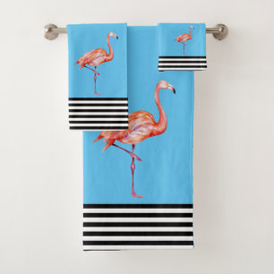 Flamingo Pink Tropical Teal Black White Fun Bath Towel Set