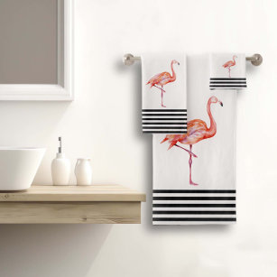 Flamingo Pink Tropical Teal Black White Fun Bath Towel Set