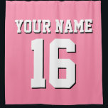 Flamingo Pink White Sports Jersey Team Jersey Shower Curtain<br><div class="desc">Preppy Solid Colour Team Jersey / Sports Jersey / Football Jersey / Rugby Jersey with Custom Name Customise this with your own name or team name and a number. You can change the size, colour and placement of the text if you need to make changes, change the colour of or...</div>