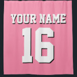 Flamingo Pink White Sports Jersey Team Jersey Shower Curtain<br><div class="desc">Preppy Solid Colour Team Jersey / Sports Jersey / Football Jersey / Rugby Jersey with Custom Name Customise this with your own name or team name and a number. You can change the size, colour and placement of the text if you need to make changes, change the colour of or...</div>
