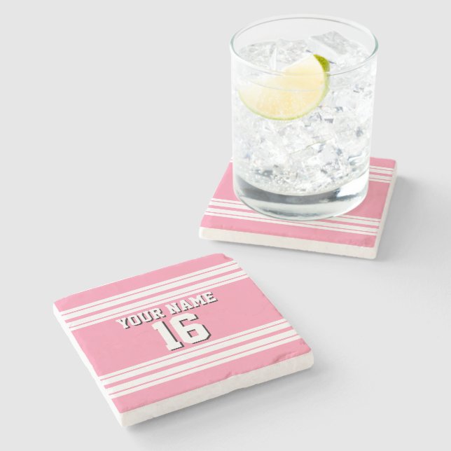 Flamingo Pink White Team Jersey Custom Number Name Stone Coaster (Side)