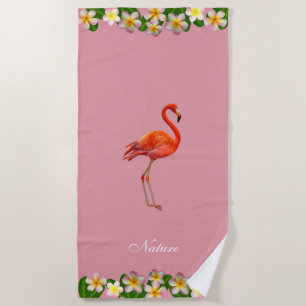 Flamingo & Plumeria Flowers on Rose Gold Pink Beach Towel