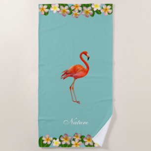 Flamingo & Plumeria Flowers on Teal Turquoise Beach Towel
