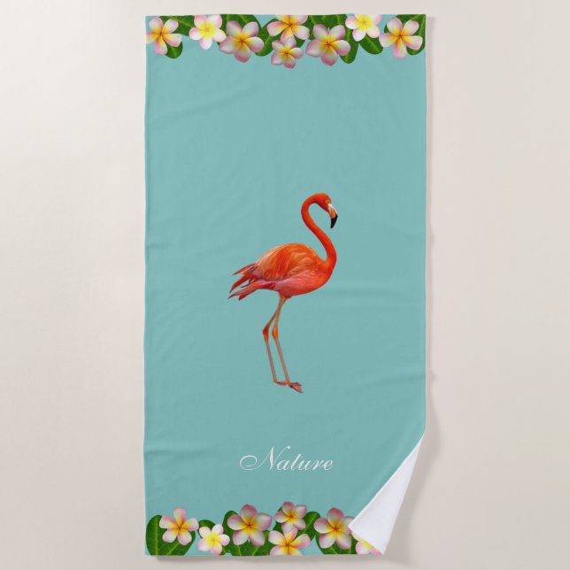 Flamingo & Plumeria Flowers on Teal Turquoise Beach Towel (Front)