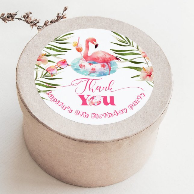 Flamingo Pool birthday party pink thank you Classic Round Sticker (Creator Uploaded)