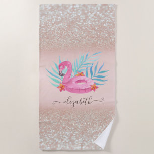 Flamingo Pool Float Glitter Bokeh   Beach Towel