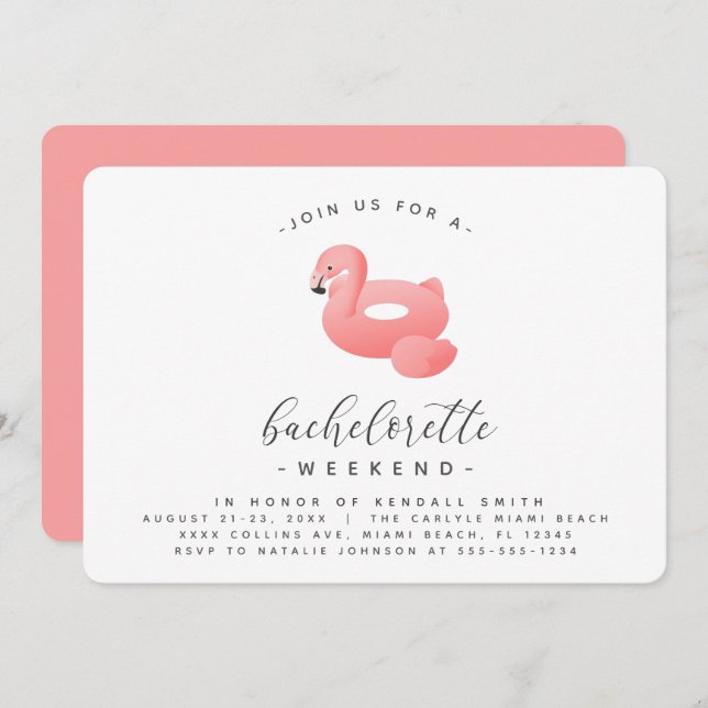 Flamingo Pool Float Minimal Bachelorette Weekend Invitation (Front/Back)