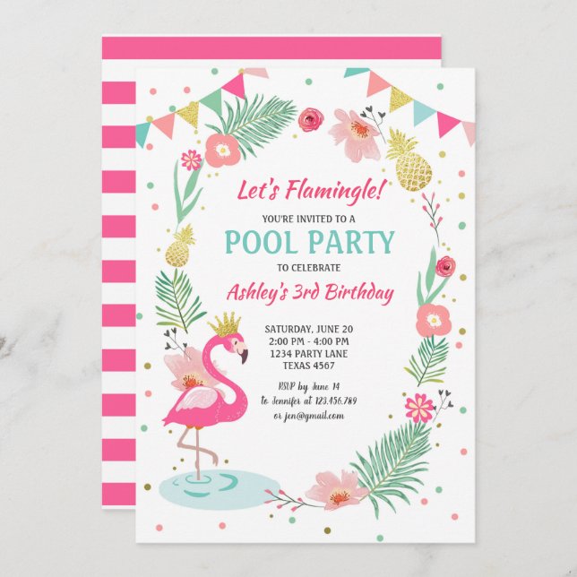 Flamingo Pool party invitation Tropical Birthday (Front/Back)