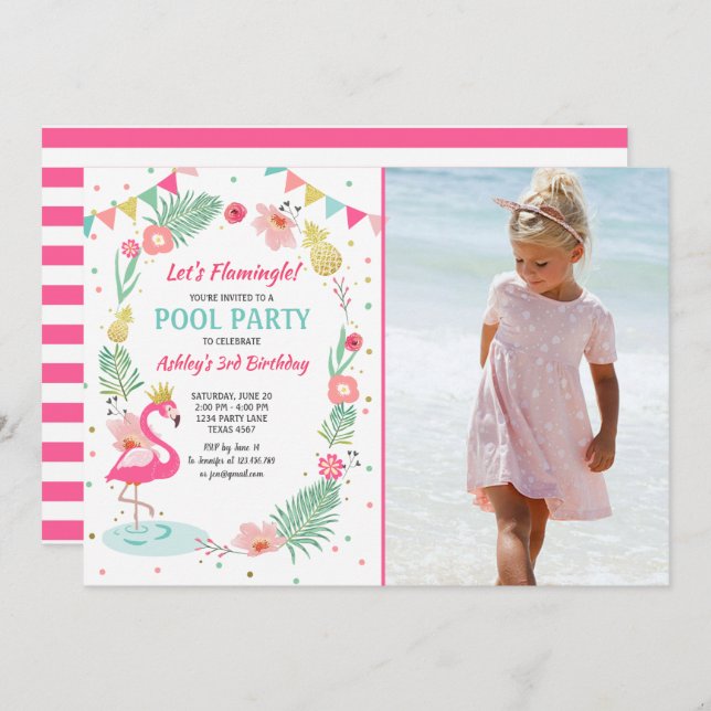 Flamingo Pool party invitation Tropical Birthday (Front/Back)