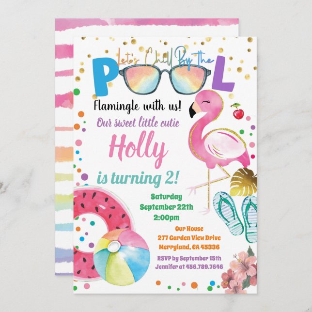 Flamingo Pool Party Kids Girl Birthday Party Invitation (Front/Back)