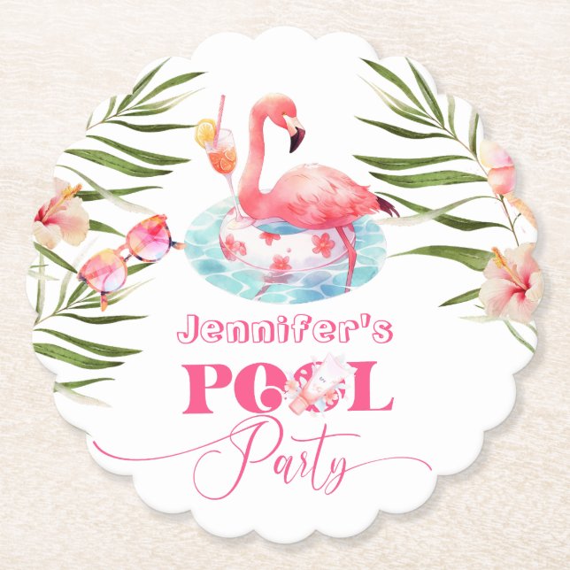 Flamingo pool party pink girl birthday paper coaster (Front)