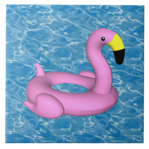 Flamingo pool toy on blue water  tile