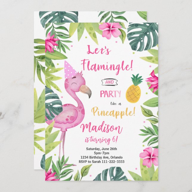 Flamingo Pretty in Pink Birthday Invitation (Front/Back)