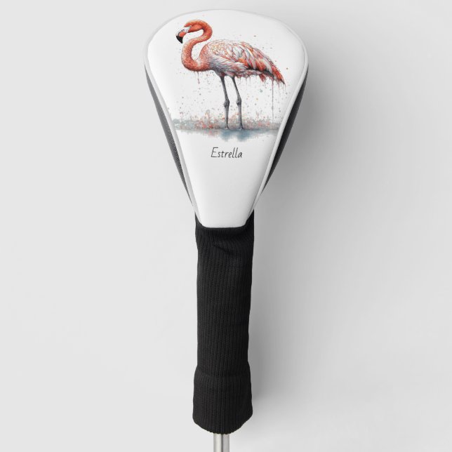 Flamingo Radiance: Watercolor Art, custom Golf Head Cover (Front)
