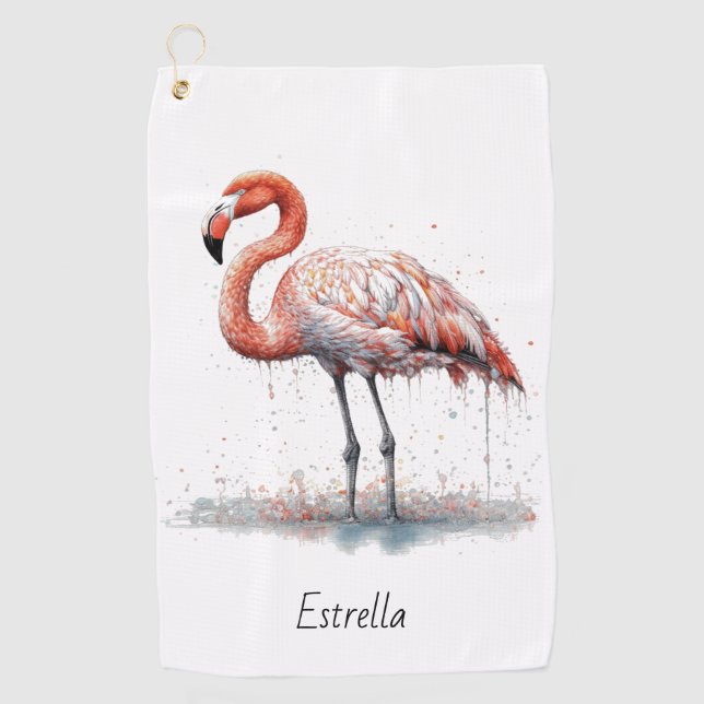 Flamingo Radiance: Watercolor Art, custom Golf Towel (Front)