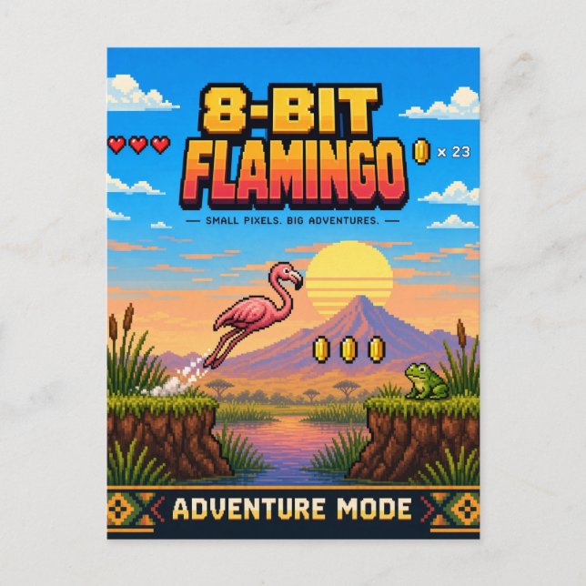 Flamingo, Retro 8-Bit Pixel Art Postcard (Front)