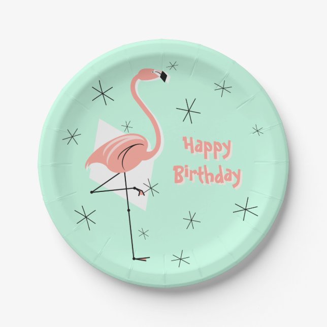 Flamingo Retro Green Happy Birthday paper plate (Front)