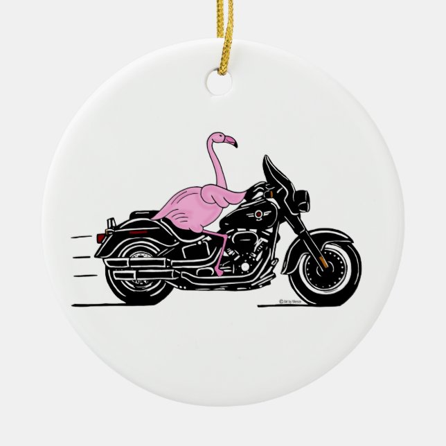 Flamingo Riding A Motorcycle Ceramic Tree Decoration (Front)