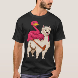 Flamingo Riding Llama Flock Bird Llama Farmer Pun T-Shirt
