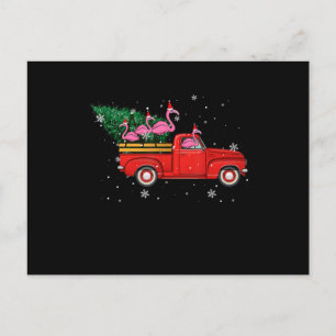Flamingo Riding Red Truck Xmas Santa Hat Christmas Announcement Postcard