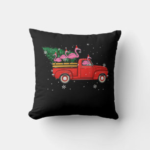 Flamingo Riding Red Truck Xmas Santa Hat Christmas Cushion