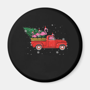 Flamingo Riding Red Truck Xmas Santa Hat Christmas Magnet