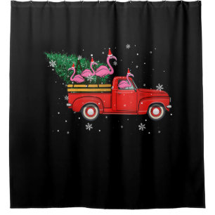 Flamingo Riding Red Truck Xmas Santa Hat Christmas Shower Curtain