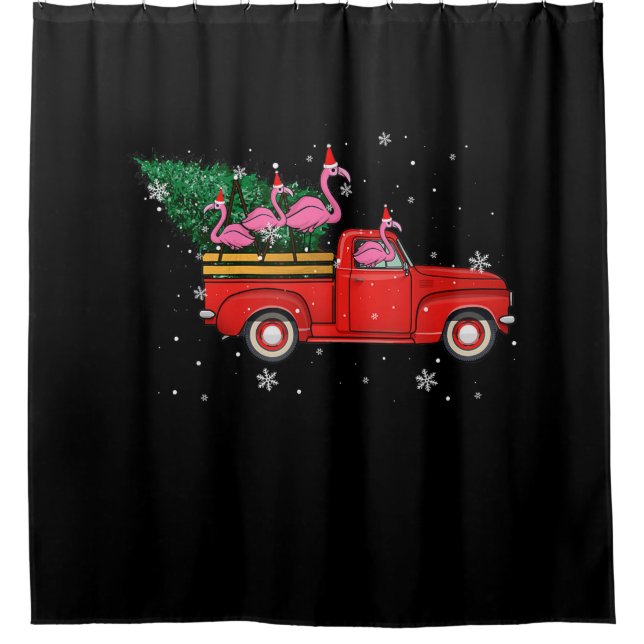 Flamingo Riding Red Truck Xmas Santa Hat Christmas Shower Curtain (Front)