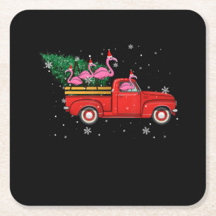 Flamingo Riding Red Truck Xmas Santa Hat Christmas Square Paper Coaster
