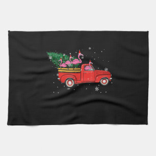 Flamingo Riding Red Truck Xmas Santa Hat Christmas Tea Towel