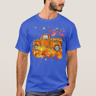 Flamingo Riding Truck Pumpkin Autumn Leaves Fall T-Shirt