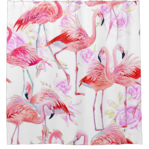 Flamingo Rose: Watercolor Bird Floral Shower Curtain