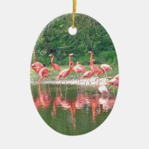 Flamingo Row at Lake in Spring,Birds Pink Wildlife Ceramic Tree Decoration