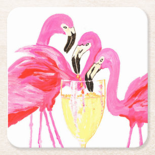 Flamingo"s in White Wine Square Paper Coaster