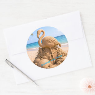 Flamingo Sand Sculpture on Tropical Beach Classic Round Sticker