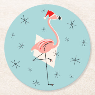 Flamingo Santa Blue coasters round
