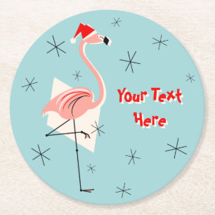 Flamingo Santa Blue Text coasters round